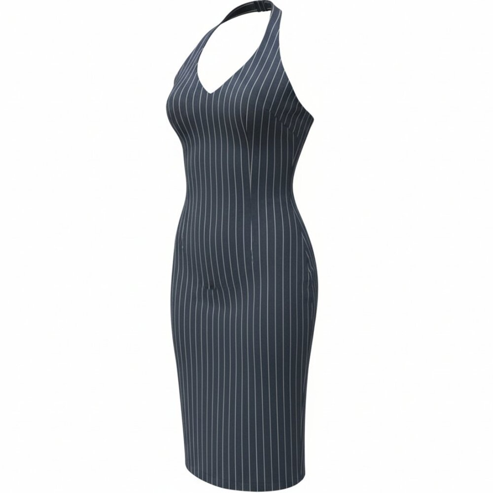 Halter Top Dress Navy Blue Pinstriped Bodycon Knee Length Midi Size 9